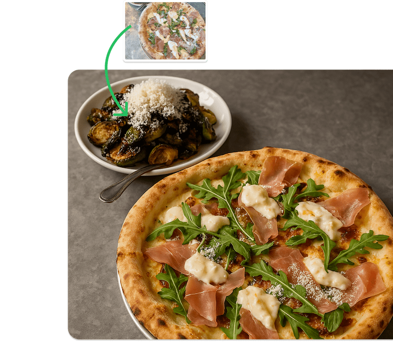 Before and after photos of a pizza food photo turned into AI sushi pizza photo created by RestaurantPhotosAI