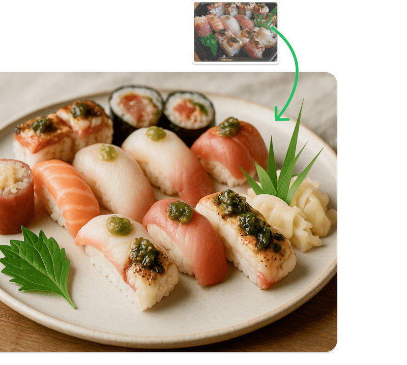 Before and after photos of a sushi food photo turned into AI sushi food photo created by RestaurantPhotosAI